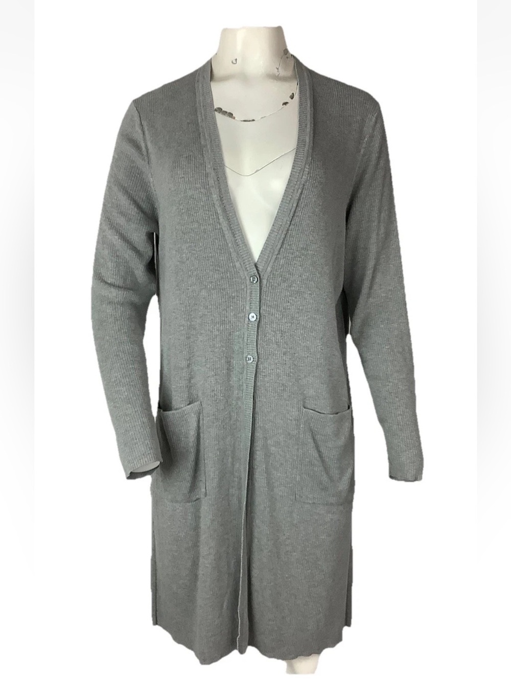 J Jill Sz L Ribbed Button Front V Neck Duster Thin Knit Gray Cardigan Sweater